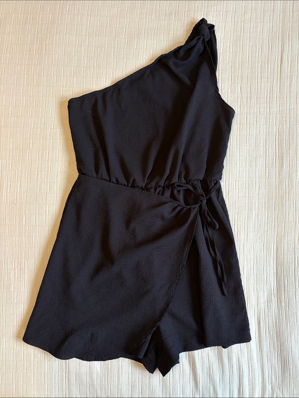 One-Shoulder Black Romper with Waist Tie